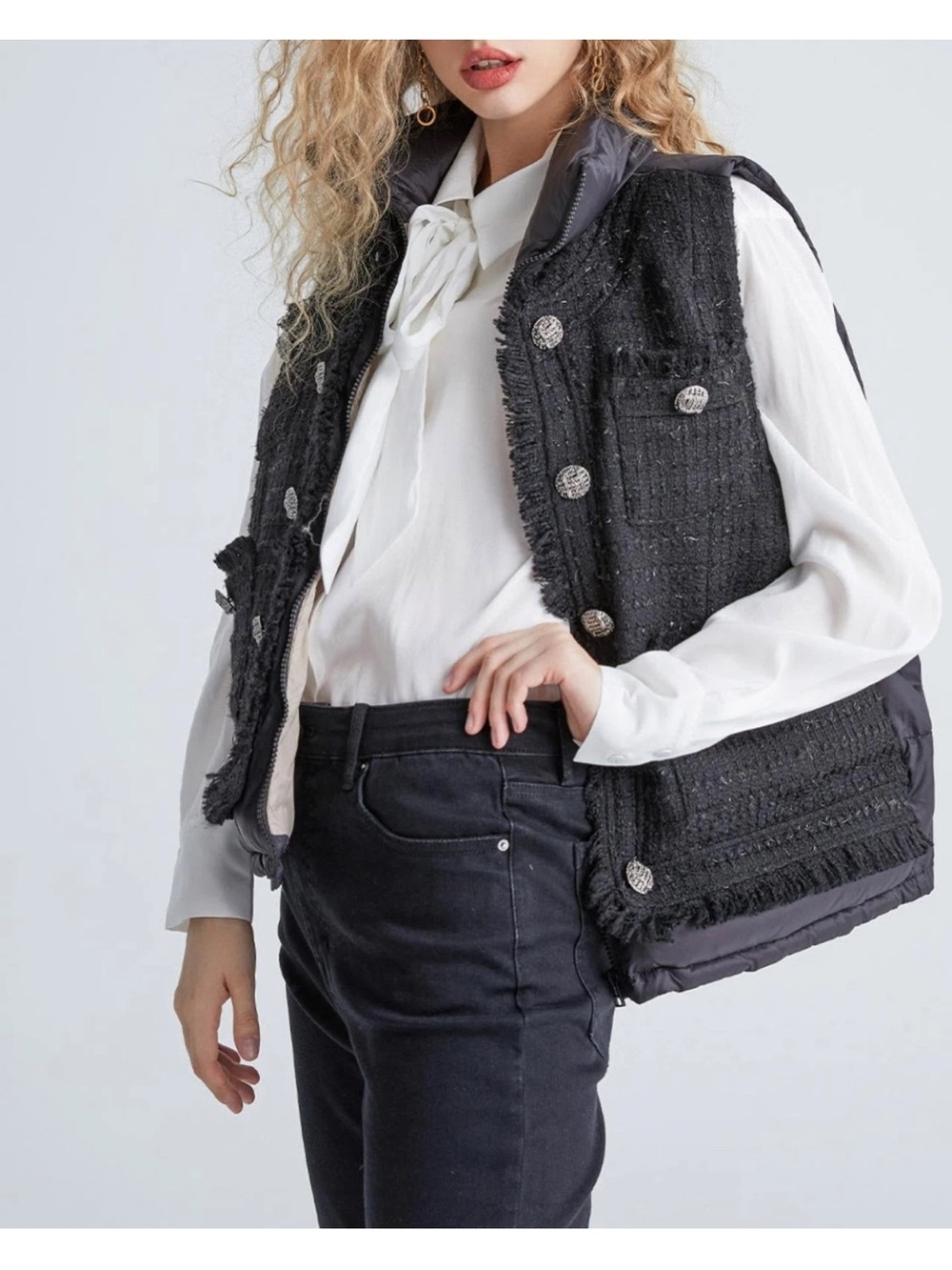 Urban Revivo Raw Trim Tweed Puffer Vest Black Silver Buttons US 4 Small / Medium